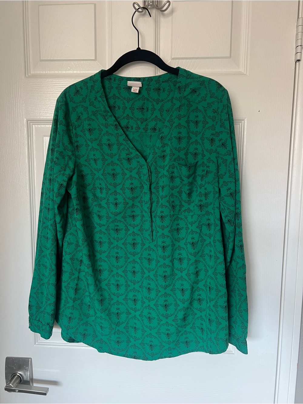 Merona Teal Green Long-Sleeve V-Neck Blouse with Subtle Print